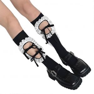 Japonais Femmes Filles Chaussettes De Veau Côtelé Harajuku Lolita Trou Évidé Volants Patchwork Lacets Bowknot Étudiant Coton Mid Tube Bas - Neuf