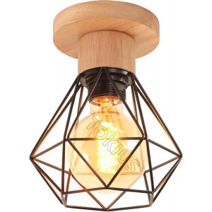 Kal-Suspension Luminaire Vintage Industrielle Lustre Abat-Jour En Métal Et Bois Ø160mm Plafonnier E27 Avec Bois Rétro Pour Salon Cuisine Chambre (Plafonnier-1pcs) - Neuf