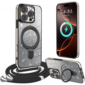 Kal-Coque Avec Cordon Pour Iphone 16 Pro Max Avec Support,[Avec Diy Support] Protection Transparente Crystal Glitter Sequins Silicone Avec Collier Antichoc Étui Pour Iphone 16 Pro Max Housse,Noir - Neuf