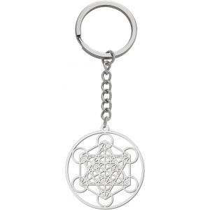 Kal-Porte-Cl&eacute;s Metatrons Cube En Acier Inoxydable Avec Cha&icirc;ne Creuse En Forme De Cercle G&eacute;om&eacute;trique Creux Pour Homme Et Femme (Argent&eacute;.) - Neuf