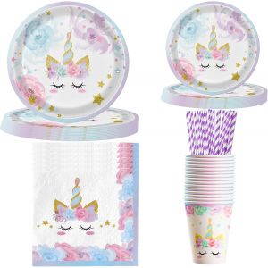 KALANKA-84Pcs Licorne Party Vaisselle, Violette Kit Vaisselles Anniversaire Assiette, CouViolettes de F&ecirc;te, Inclure : Serviettes, Assiettes, Gobelets, Pailles en Papier, Decorations pour 16 Invit&eacute;s - Neuf