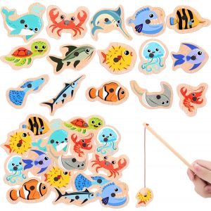 ERYI-Jouets Éducatifs De Poisson En Bois, 15Pcs Jeu De Pêche Magnétique, Jouet De Canne À Pêche En Bois, Jouets De Pêche Pour Enfants, Pour De 2 3 4 5 6 Ans Garçons Fille Cadeau D'Anniversaire - Neuf