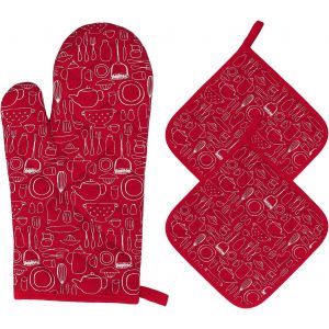 Gants de Four et Maniques Cuisine R&eacute;sistant &agrave; la Chaleur Gants de Four en Coton Gants de Cuisson &agrave; Poignets Longs pour Griller,Cuisiner,Cuire,Micro-Ondes 3 Pi&egrave;ces (Rouge) - Neuf