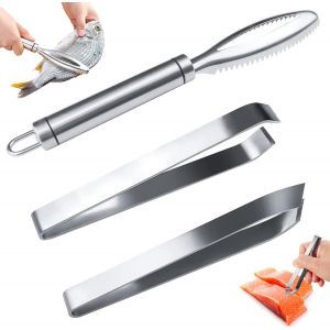 Mevronisshop-Ecailleur &Agrave; Poisson Professionnel En Inox 304, Grattoir En Acier Inoxydable Dentel&eacute; Pour Enlever Efficacement Les &Eacute;cailles De Poissons +2 Pince Arrete Poisson - Neuf