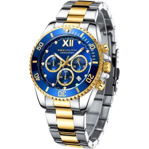 Eryi-Montre Homme Acier Chronographe: Or Montre Bracelet Analogique Quartz - Montre Etanche Lumineuses Calendrier Élégant Cadeau Pour Hommes - Neuf
