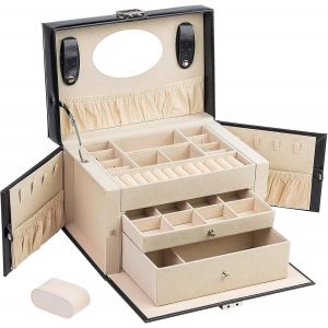 Bo&icirc;te &agrave; bijoux &agrave; boucle en or rose &agrave; 3 niveaux &eacute;tui &agrave; bijoux en cuir PU cadeau en velours doux pour vos proches et amis White - Neuf