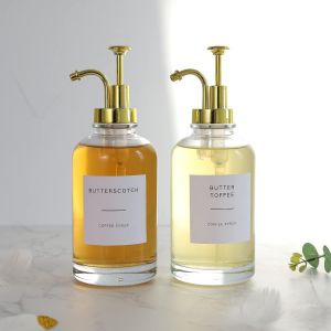 Coffee Syrup Dispensers Set of 2 with 36 Labels and Gold Pump,500ml Glass Syrup Bottles for Coffee Bar Accessories,Kitchen,Caramel,Vanilla,Maple,Soap Dispenser.[B35] - Neuf