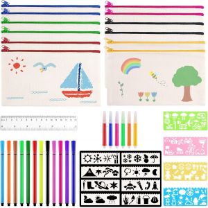 MAA-12 PCS DIY Pochette Tissu Zippée Trousse avec 18 Crayons Aquarelle et 12 Gabarits, 12 x 21cm Toile Trousse de Rangement, Trousse Personnalisable, DIY Vierge Pochette Tissu pour Voyage, Maquillage - Neuf