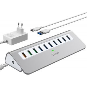 NAERYUT-Hub Usb Alimenté 10Gbps,10 Ports Hub Usb 3.1 Gen 2 Avec 7 Ports De Données Usb 3.1,3 Ports De Charge Rapide,Aluminium Hub Usb Avec Adaptateur D'Alimentation 36 W,3,3Ft Câble Type A Et Type C - Neuf