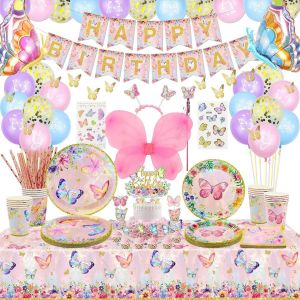 Sjzg-175 Pcs Décorations De Fête Papillon - Ballons Papillon, Bannière, Décoration De Gâteau, Assiettes, Tasses Et Nappe Pour Fournitures D'anniversaire Fille Femme, Pour 20 Invités, Rose-L - Neuf