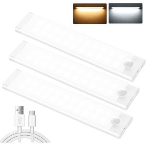 Lot De 3 Lampes 44led Lampe De Placard, Diminuable Lumiere Placard Led Detecteur De Mouvement Interieur, Batterie De 2000 Mah Rechargeable Pour Armoire, Cuisine, Escalier-20cm - Neuf