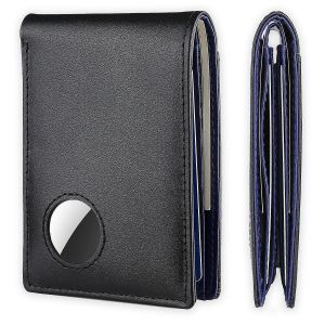 Mens Wallet avec AirTag Titulaire de Cuir V&eacute;ritable de RFID de Blocage 9 Fentes pour Cartes Fen&ecirc;tre d'identification Int&eacute;rieur Bleu AirTag Compatible - Neuf
