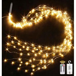 KAL-Guirlande Lumineuse Noël 1M 100 Led Lumières De Noël Alimenté Per Batteria, 8 Modes Lumineux Cascade De Vigne Avec Télécommande, Minuterie Pour Interieur Exterieur Décoration - Blanc Chaud - Neuf