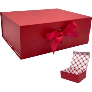 Grand Boîte Cadeau Rouge 33.5x27x12.5 Cm,Boîte Cadeau Haut De Gamme Avec Couvercle Magnétique Et Ruban Pour Emballage Cadeau De Vacances,Mariage,Anniversaire,Doublure À Carreaux - Neuf