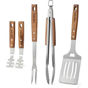 Set D'ustensiles de Barbecue 5 Pi&egrave;ces, Inclure Pince &agrave; Barbecue, Spatule, Fourchette &agrave; Barbecue et 2 L&egrave;ve-Grille, avec Poign&eacute;es en Bois et ?illets de Suspension, Accessoires de Barbecue - Neuf