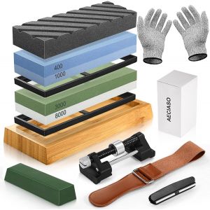 Pierre a Aiguiser,400/1000/3000/8000 Ensemble Aiguiseur Couteaux avec Base Antidérapante,Gants Résistants aux Coupures,Guide D'angle,Aplatisseur de Pierres,Guide d'Affûtage,Cuir,Pâte à Polir - Neuf