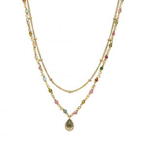 Collier Argent Dor&eacute; Goutte Doubles Cha&icirc;nes Pierres Multi-Tourmaline - Neuf
