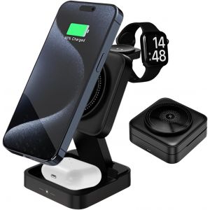 Chargeur Induction Stand 3 en 1 Pliable Chargeur sans Fil pour Appareils Multiples, Chargeur de Voyage pour iPhone 15/14/13/12, Station d'accueil &agrave; Charge Rapide pour Ecouteurs sans Fil/Watch (Noir) - Neuf