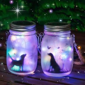 Lot De 2 Lanternes Solaires Pour Extérieur, Chien Dans Un Pot Maçon, Lampe De Jardin Solaire Led Étanche À Suspendre Pour Intérieur Et Extérieur Décoration (Multicolore) - Neuf