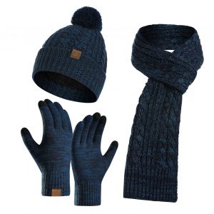 3 Pièces Hiver Chaud Tricot Bonnet Chapeau Écran Tactile Gants Écharpe Ensemble Pour Femmes Hommes Ski Patinage Camping Conduite Sports De Plein Air Cadeaux-Lac Bleu - Neuf