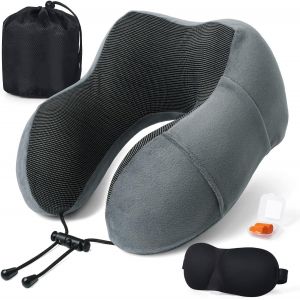 Trahoo-Oreiller De Voyage, Oreiller Cervical En Mousse À Mémoire De Forme, Coussin De Support Cervical Essentiel Pour Voyager, Sac De Transport Inclus, Bouchons D'oreille Et Masque De Sommeil - Neuf