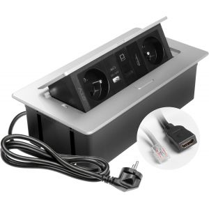 Prise encastrable Multisoft en aluminium avec 2 prises de courant avec terre, USB A+C, RJ45, HDMI 2.0, escamotable avec couvercle, c&acirc;ble de 1,5 m, id&eacute;ale pour la cuisine, le bureau ou la table de - Neuf