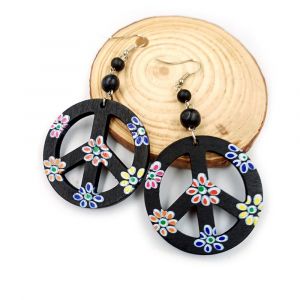 Boucles D'oreilles Pendantes En Bois Bio Avec Symbole De Paix - Boucles D'oreilles Hippi - Neuf