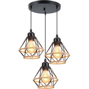 KAL-Lustre Suspension Industrielle Design 3 Lampes Diamant Chanvre Corde Métal Led Luminaire Plafonnier Abat-Jour Rétro Design E27 Pour Cuisine Salon Chambre (Ø16Cm-Avec Une Base Ronde) - Neuf