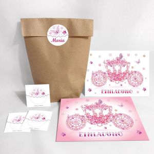 lbgwp60-Lot De 12 Cartes D'Invitation, Autocollants Pour Anniversaire D'Enfant « Princesse Party » Pour Fille,Carrosse (12 Cartes + 12 Enveloppes + 12 Sachets De Fête (Sac À Fond Croisé) + 12 Autocol - Neuf