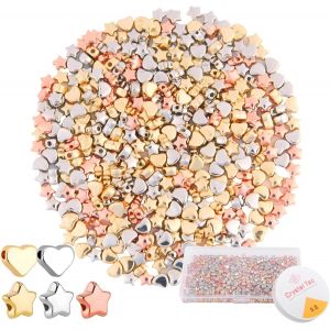 Meimie-500 Pièces 6mm Perles Coeur + Perles Étoiles + 1 Rouleau Fils Perles Élastiques Perles En Forme C?ur Pour Bracelets Avec Trou Percé Breloques Coeur Pour Collier Bracelet (Or,Argent,Rose) - Neuf