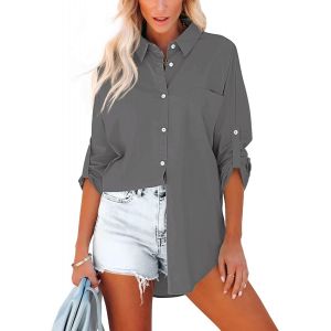 Utigh-Chemisier Pour Femme En Coton À Manches Longues Roll Up Élégant Hauts Décontractés Chemise Boutonnée Unie À Manches Longues Tunique Chemisier Avec Poches Poitrine - Neuf
