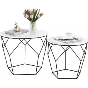 Table Basse Ronde Bois,Lot De 2,Table D'appoint,Bout De Canapé,Plateau Amovible,Cadre En Acier,Pour Salon,Blanc - Neuf