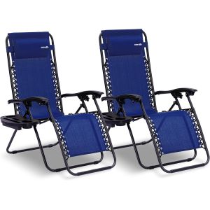 Ulteronixshop-Set De 2 Chaises Pliantes - Chaise Longue R&eacute;glable Pour Ext&eacute;rieur Avec Table Lat&eacute;rale, Porte-Gobelets, Oreillers Amovibles - Patio, Jardin, Plage - Bleu - Neuf