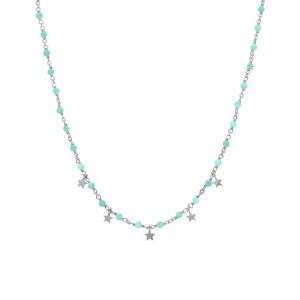 Collier Argent Rhodi&eacute; Pampilles &Eacute;toiles Et Pierres Amazonite - Neuf