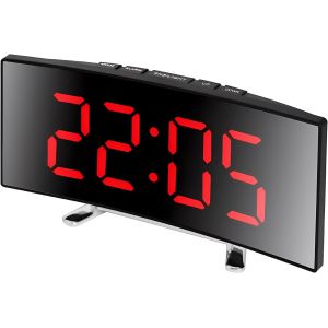 KAL-Réveil Numérique, Grand Écran Led Incurvé Avec Surface Miroir Fonction Snooze Port De Charge Support Batterie Coloré 12/24 Heures Pour Maison - Neuf