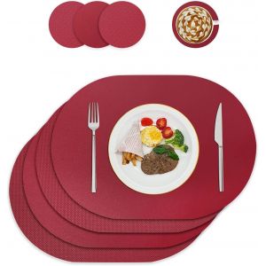 Eryi-Lot De 4 Sets De Table Et Dessous De Verre En Cuir Lavables, Lavables, Décoration De Table, Ronds Pour Cuisine, Table À Manger (Ovales, Rouge Vin) - Neuf
