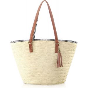 RFCBC-Sac à main en paille pour femme - Grand sac en osier tressé - Sac à main en raphia avec fermeture éclair et bandoulière en cuir - Beige - Neuf