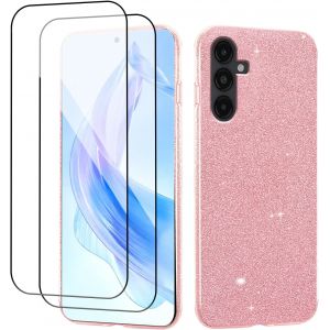LORANKA-Compatible avec Coque Samsung A14 5G Silicone Glitter, Coque Samsung Galaxy A14 5G avec 2 Pack Tempered Screen Protector,Brillant 3 en 1 Full Body Protection Case (rose) - Neuf