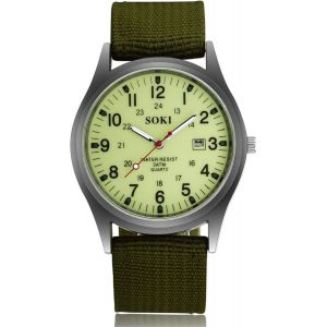Montre Homme Bracelet Tissu: Montre Militaire Homme Analogique Quartz Bracelet Nylon Avec Aiguille Luminescent Calendrier Echelles Chiffres Arabes-Cadeau Homme Anniversaire.[J587] - Neuf