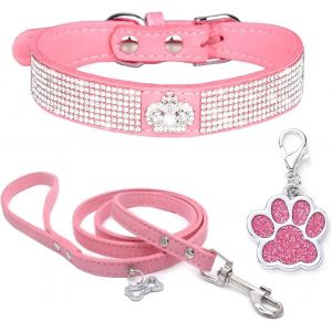 Collier Chien Strass Collier En Velours Doux Colliers En Cuir Pour Chiens Laisse Et Collier Mignon Diamants De Luxe Clout&eacute;s Bling Collier De Chiot R&eacute;glable Pour Petits Chiens Chats Moyens Rose S - Neuf