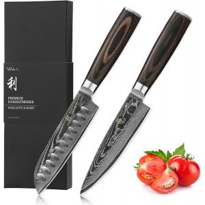 Mevronisshop-Wakoli Set De 2 Couteaux En Acier Damas I Lames En Acier Damass&eacute; &Agrave; 67 Couches Avec Noyau Vg10 Et Manches En Bois De Pakka I Couteaux De Cuisine Professionnels & Couteaux Damass&eacute;s, Edib E - Neuf