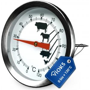 Kal-Thermomètre À Viande Sans Fil - De 0 À +120 °C - Thermomètre À Viande Analogique/Température Pour Viande, Thermomètre À Rôtir En Acier Inoxydable - Neuf