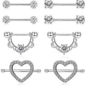 4 Paires 14g En Acier Inoxydable Mamelons Languette Anneaux Opale Barre Corps Piercing Bijoux - Neuf