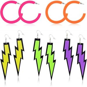 5 Paires De Boucles D'oreilles Multicolores En Forme De Flash Fluo, Boucles D'oreilles Tendance Rétro Années 80, Convient Pour Les Fêtes À Thème, Les Fêtes Costumées, Halloween, Le Carnaval - Neuf