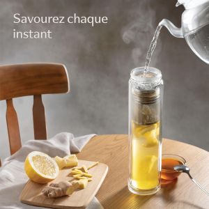 Thermos Verre Avec Infuser 500 Ml - Verre &Agrave; Double Paroi Avec Housse En Feutre - R&eacute;sistant &Agrave; La Chaleur - &Eacute;tanche - Lavable Au Lave-Vaisselle (Beige) - Neuf