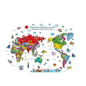 Lot de 2 stickers muraux carte du monde animaux de dessins anim&eacute;s pour enfants, pour la d&eacute;coration de la chambre - Neuf