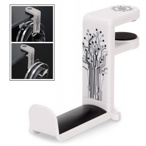 LORANKA-Support Crochet pour Casques de Jeu ou de Musique avec Bras Pivotant &agrave; 360 Degr&eacute;s, Pince de Fixation Format Universel pour Table et Bureau avec Rangement pour C&acirc;ble Int&eacute;gr&eacute; - Blanc - Neuf