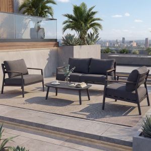 Salon De Jardin En Aluminium Hwc-P79, Ensemble Lounge Canap&eacute; Salon De Jardin, Tissu/Textile Ol&eacute;fine 210 G/M&sup2;Gris Fonc&eacute; - Neuf