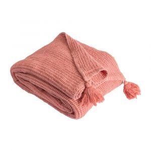 Couverture Plaid Coton Rose Saumon Franges 130x170 Cm - Neuf