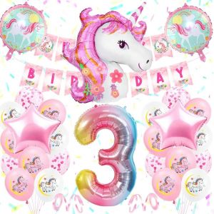 ERYI-3 Ans Licorne Décoration Anniversaire Fille, Ballon Avec Birthday Banner, 3D Licorne Foil Ballons, Grand Foil Number 3, Blanc Rose Décoration Bébé - Neuf